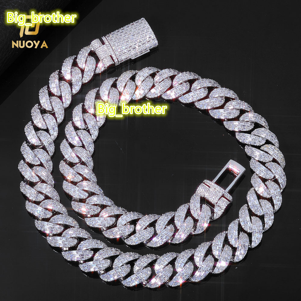 NUOYA 20mm Cuban Link Chain Necklace Iced Out Moissanite VVS Stones Flip Clasp Baguette Cut Diamond Inlay Hip Hop Fine Jewelry
