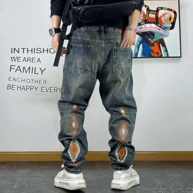 Fashion Brand Retro Washed Pure Cotton Jeans for Men Loose Small Right Angle Personalized Embroidery Versatile Casual Pants Z260225