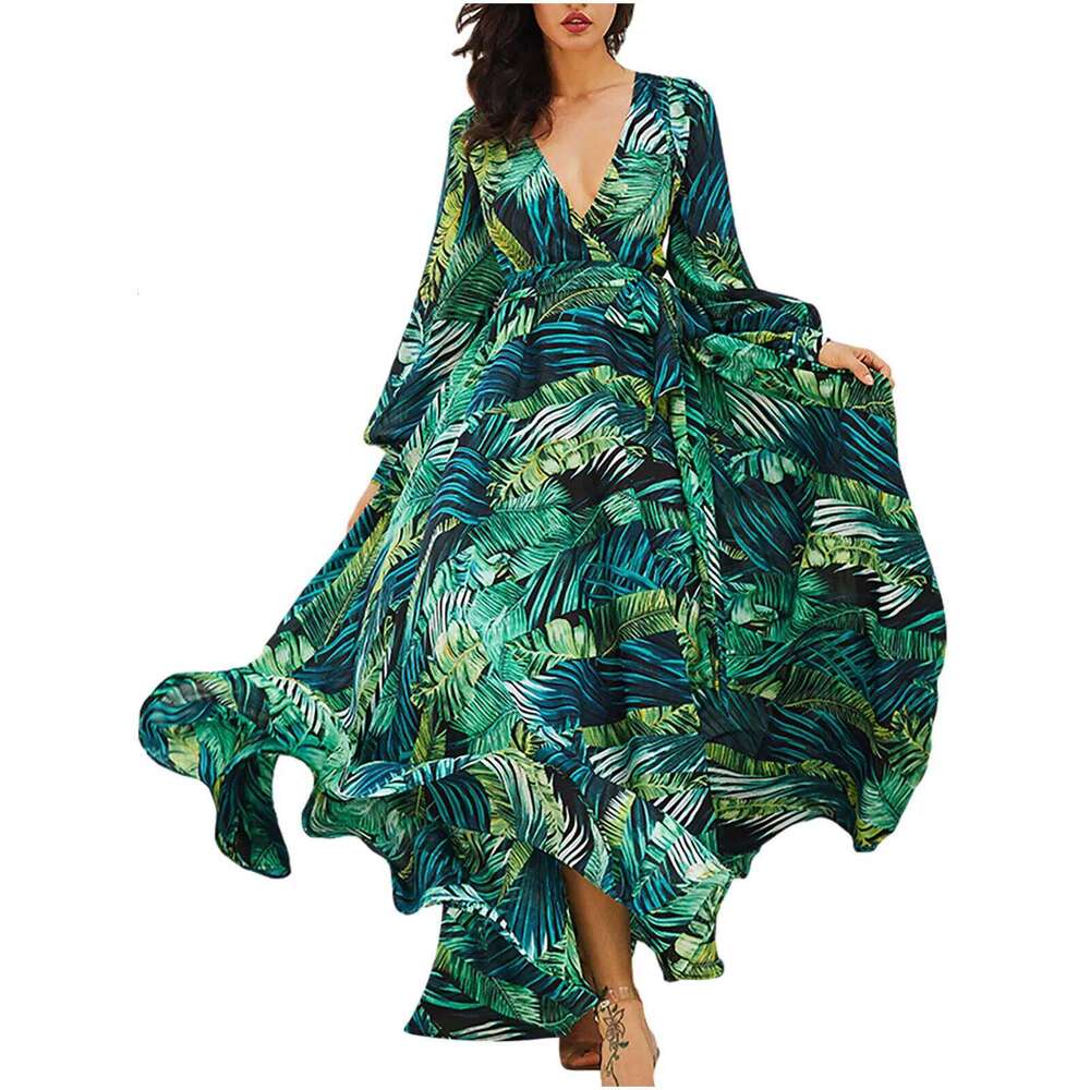 Women's Temperament V-Neck Backless Dresses Summer Boho Green Leaf Print Maxi Dress For Beach Elegant Pleated Sundress Vestidos