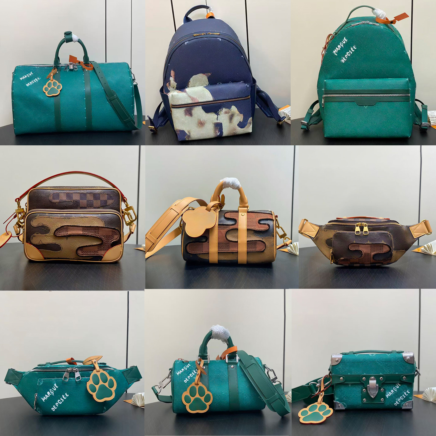 New Men bag Rush Bumbag M12867 Fashion pocket purse Luxury Designer Bags dog paw Green Cowhide Heritage canvas boy crossbody bag