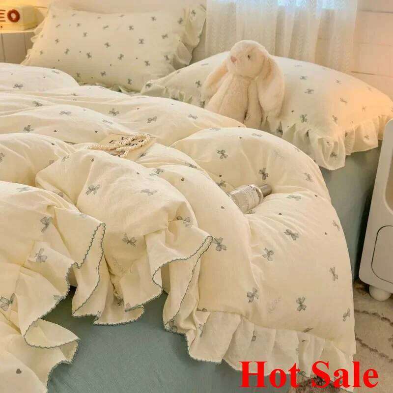 New Princess Style Bedding Sets Ruffle Lace Bow Quilt Romantic Bedclothes Decor Woman Girls Bedroom Duvet Cover 4pcs H260311