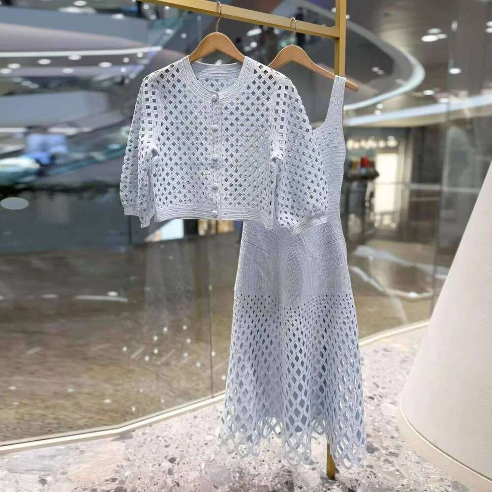 New Women's Heavy Industry Diamond Decoration Hollow Knitted Cardigan Coat Strap Dress Set Mdng260311