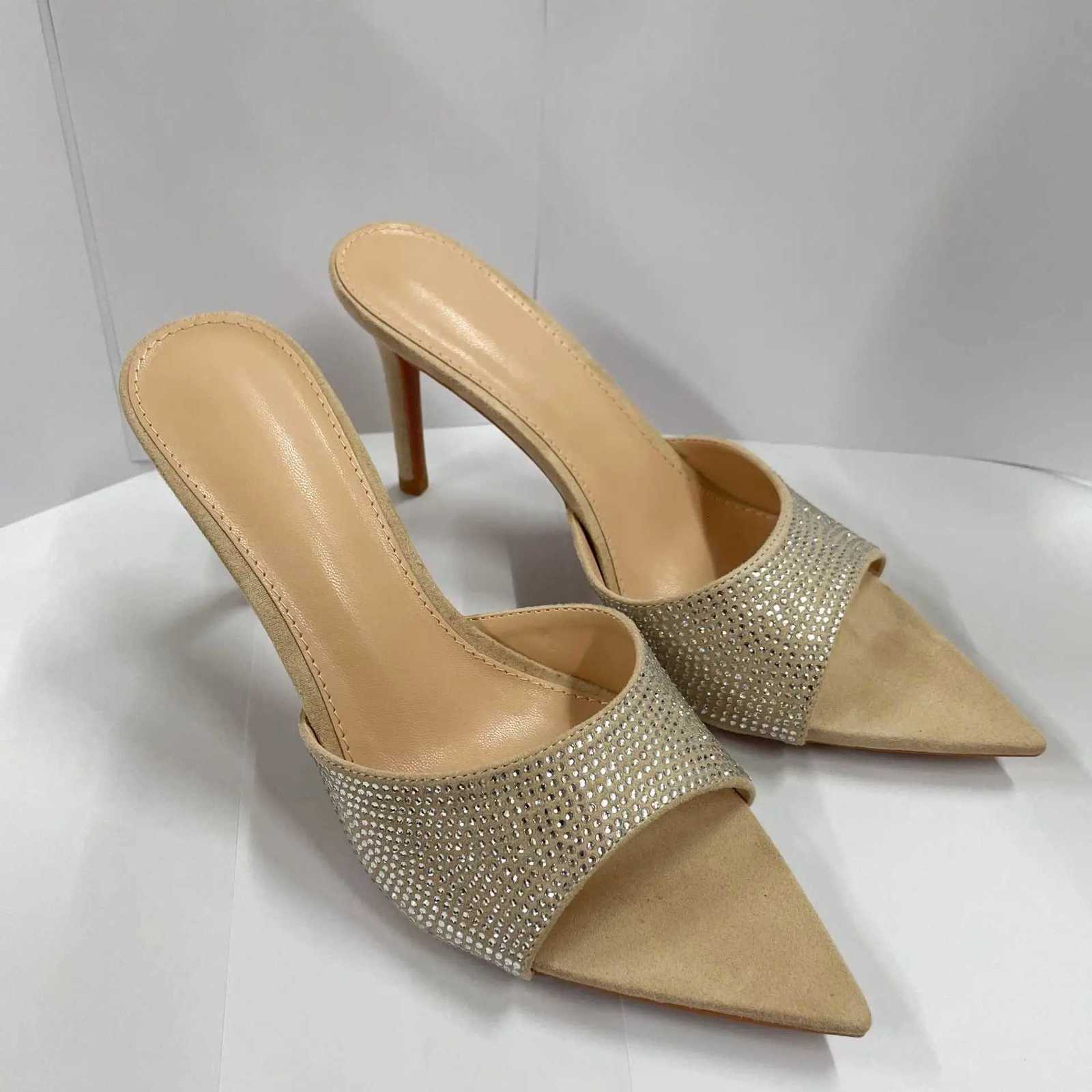 Womens Rhinestone Mules Pointed Toe Stiletto Heel Sparkly Slip On Sandals Elegant Evening Party Shoes Shiny Metallic Finish K260311