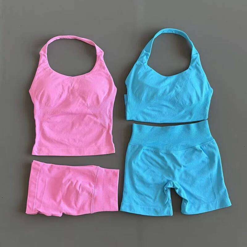 2 Pcs HISTELLO Halter Top Strappy Bra Shorts Set Women Yoga Workout Clothes Seamless Vest Hip-Lifting Sports Leggings Gym Suit 26H0311