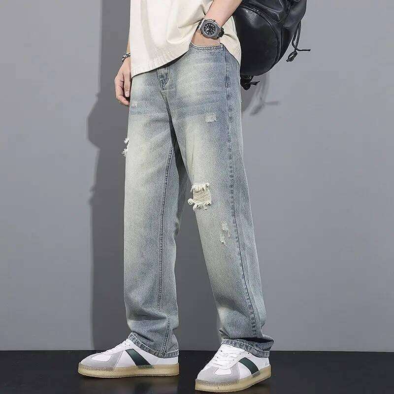 Summer New High Street American Vintage Distressed Jeans Men Button Zipper Pockets Trendy Loose Casual Wide Leg Straight Pants Z260225