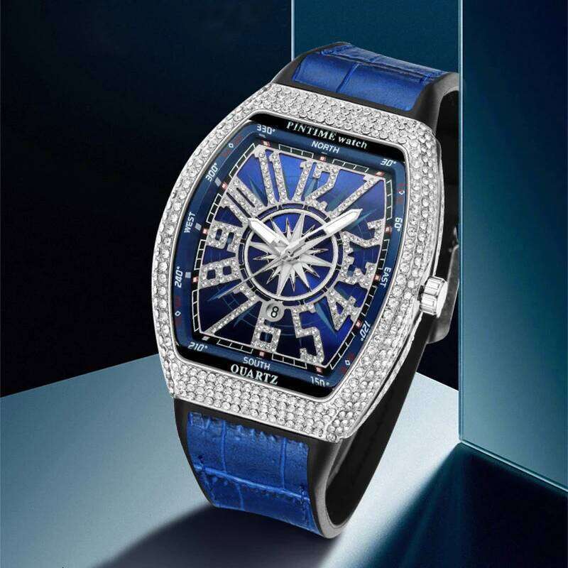 PINTIME Men's Watches Luxury Tonneau Type Metal Shinning CZ Case Rubber Strap Fashion Quartz Wristwatch Male Clock Relogio Gifts