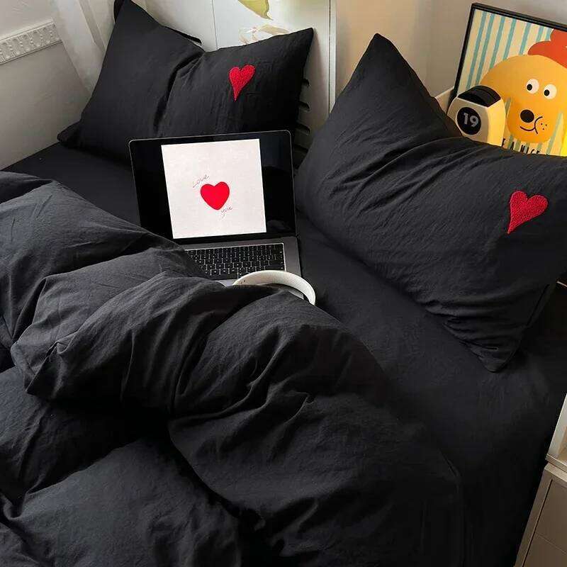 Washed Cotton Super Soft Cool Black Cover Set Heart-shaped Towel Bedding Skin Friendly Duvet Covers Bed Sheets H260311