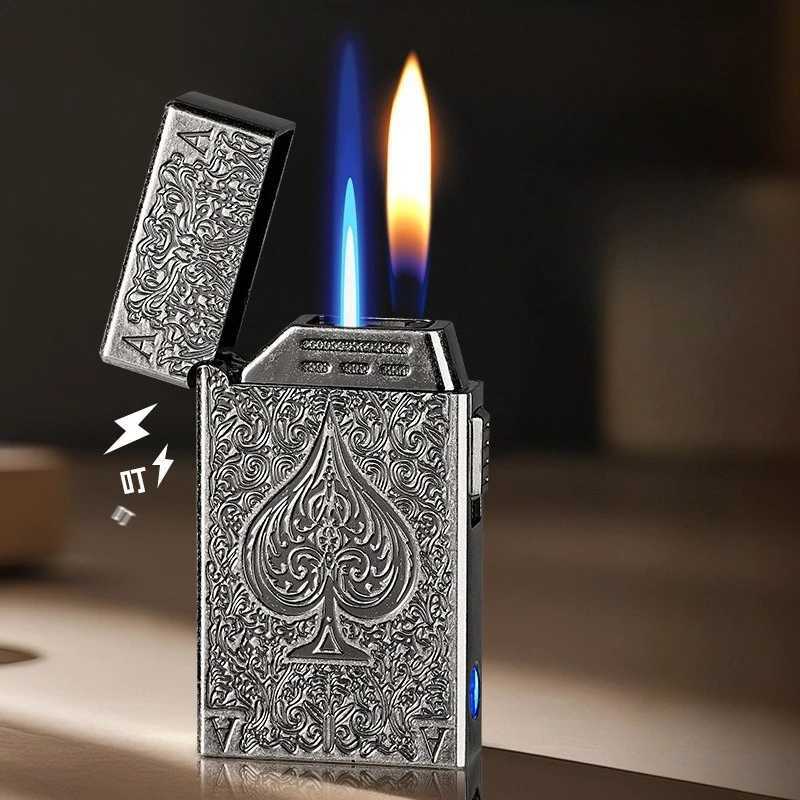 Butane Gas Lighter with Technology Windproof Metal Lighter Dual Fire Conversion Intelligent Inflatable Cigarette Lighter N260311