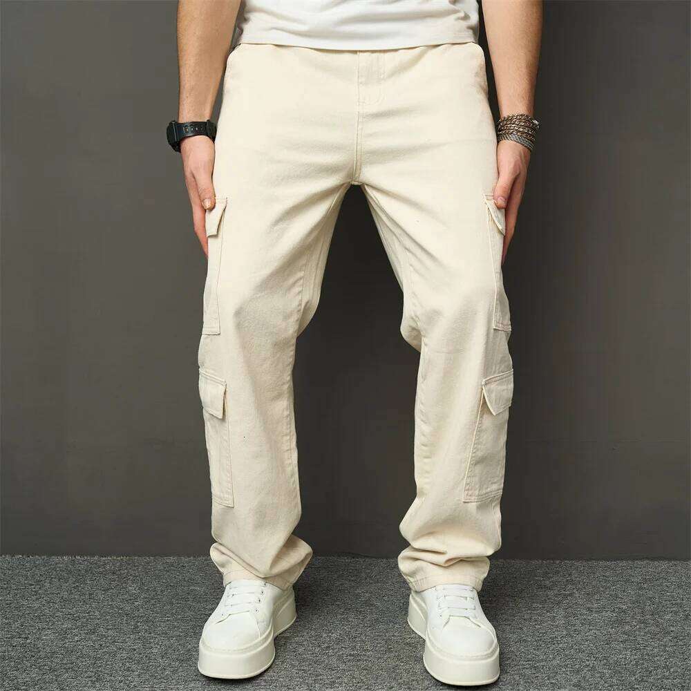 Streetwear Stylish Retro Multi pocket Cargo Men Jeans Male Good Quality Solid Loose Casual Straight Denim Pants Z260225