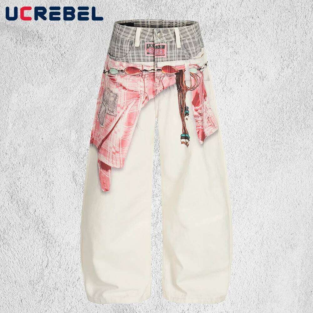 Hip Hop Print Jeans Mens Pocket High Street Baggy Wide Leg Denim Banana Pants Man Trousers Z260225