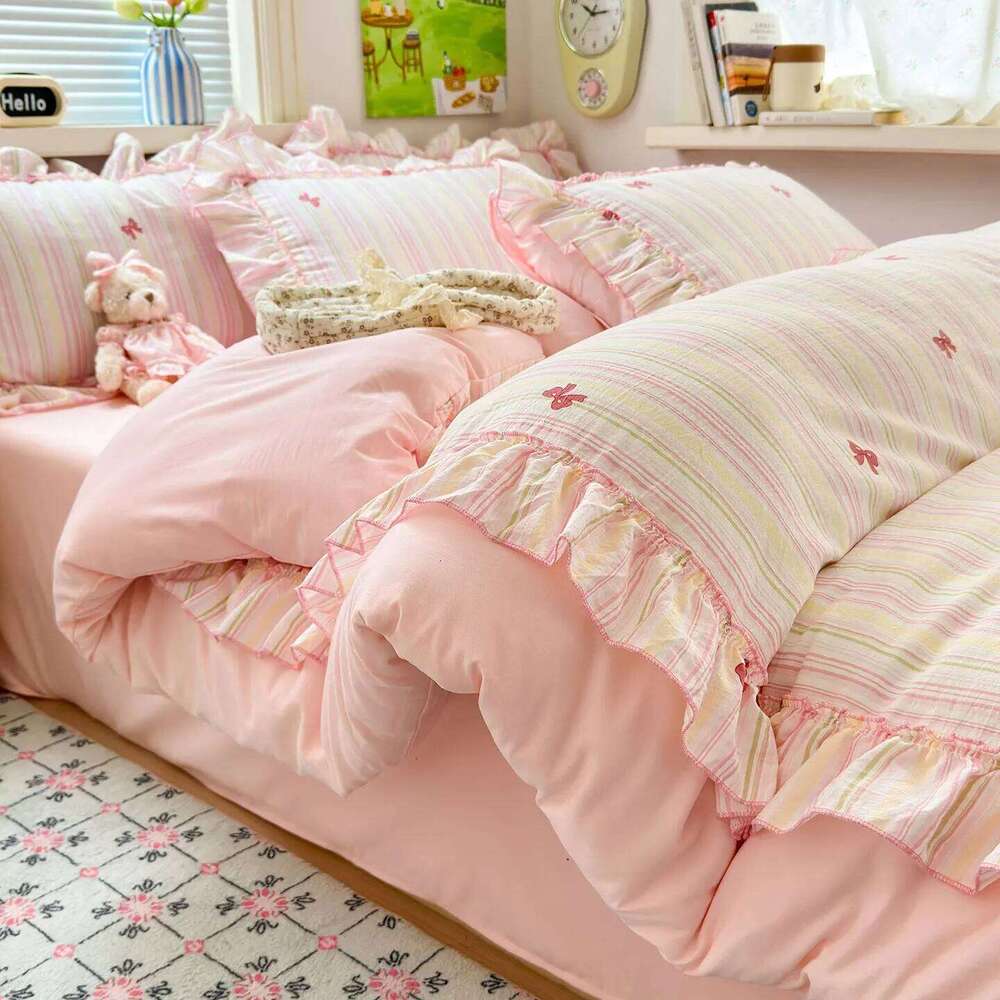 3pcs pink seersucker Duvet 1*Duvet Cover + 2*Pillowcase, Without Core,pink bow Bedding Set H260311