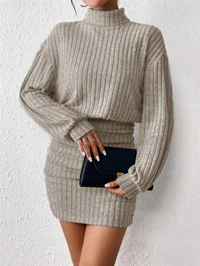 025 Autumn Womens Turtleneck Rib Knit Dress Long Sleeve Bodycon Ruched Mini Dress M260311