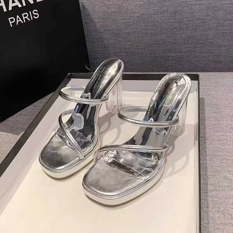 Women Sandals High Heels 7-9 Cm Silver Transparent Female Sandals Summer Sexy Nightclub Waterproof Platform Womens Shoes K260311