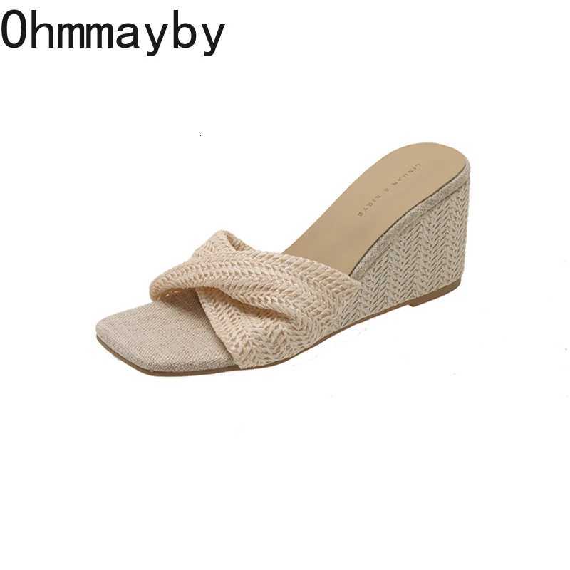 Designer Weave Height Increase Women Slippers Ladies Elegant Wedges Heel Dress Slides 2026 New Summer Open Toe Womens Shoes K260311