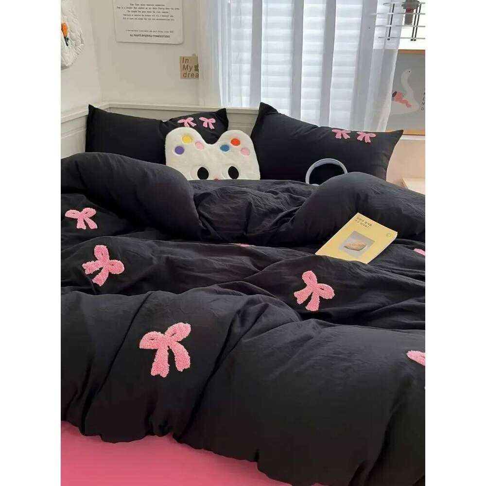Ins Style Girl Blue 1.5m/1.8m Fitted Bow Towel Bedding Embroidery Washed Cotton Four-piece Set Bed Sheet Three-piece H260311