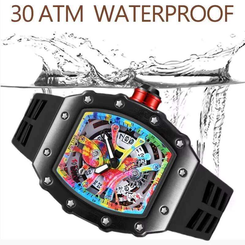 Luxury Watch Wrist Tonneau Multifunction Graffiti Dial Auto Date Waterproof Sports Casual Clock Men Quartz Watches