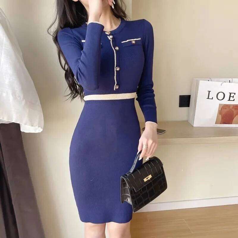 YuooMuoo Chic Fashion Sexy Package Hips Knitted 2025 Autumn Winter Slim Waist Bodycon Sweater Dress Office Lady Vestidos Z260311