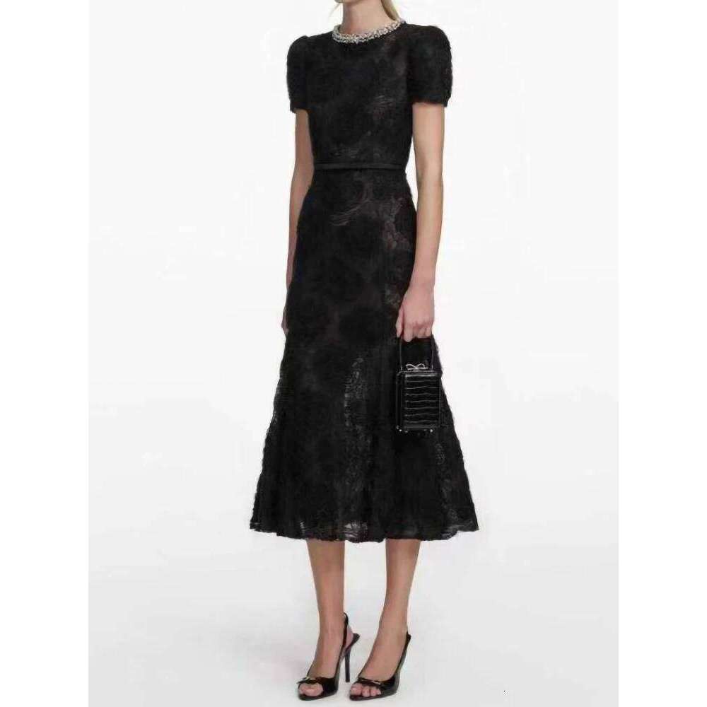 Summer New Fashion Black Rose Flower Lace Dress Women Elegant Round Neck Short Sleeve Fishtail Robe With Belt Ladies Mdng260311