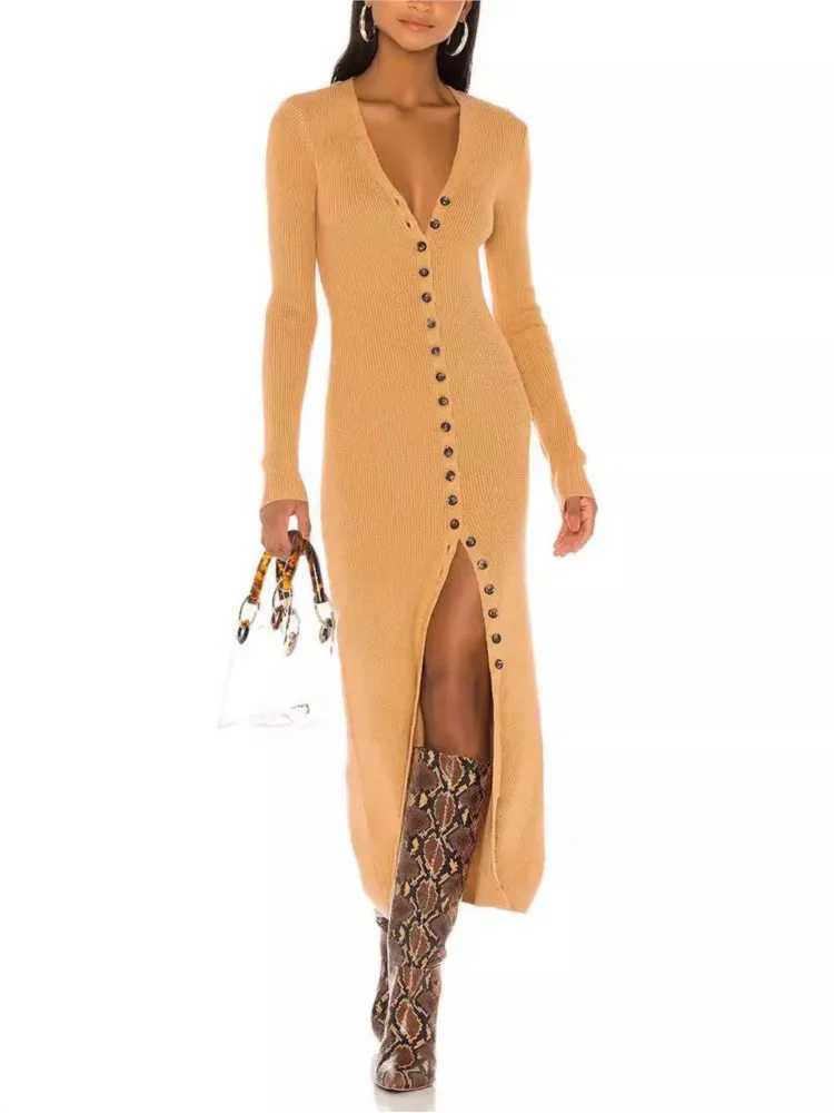 Sexy V-Neck Knitted Long Dress For Women Fashion Casual Elegant Bodycon Button Solid Color Long Sleeve Party Beach Maxi Dresses M260311