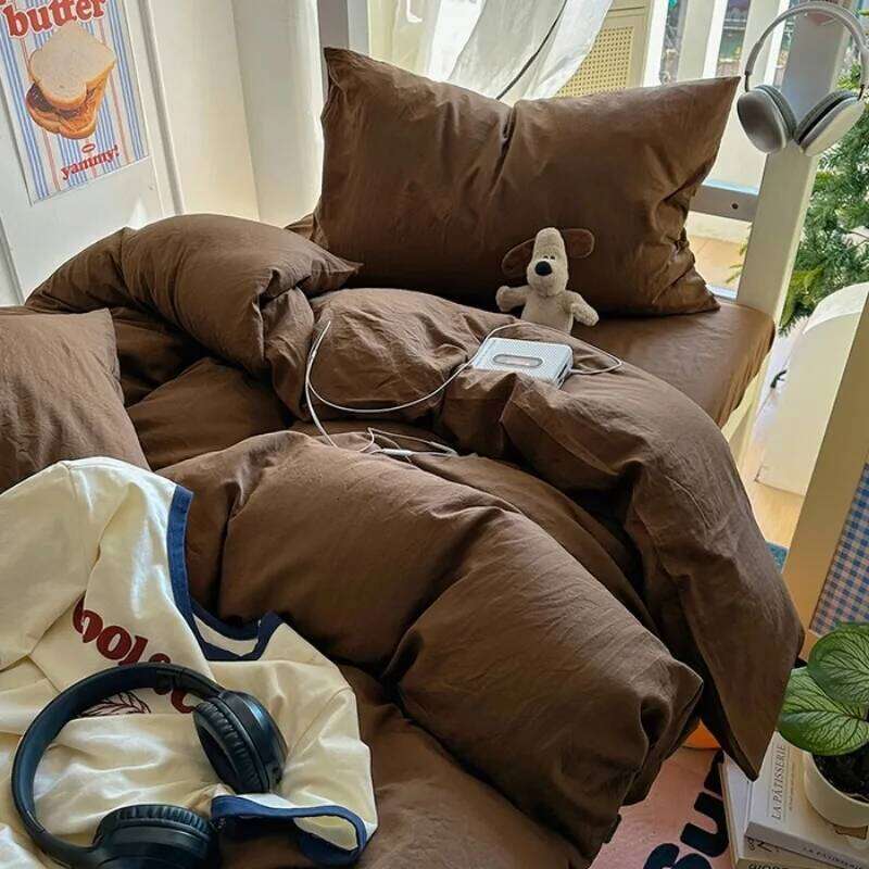 2025 new solid color simple washed cotton bed sheet four-piece machine washable student dormitory three-piece set H260311