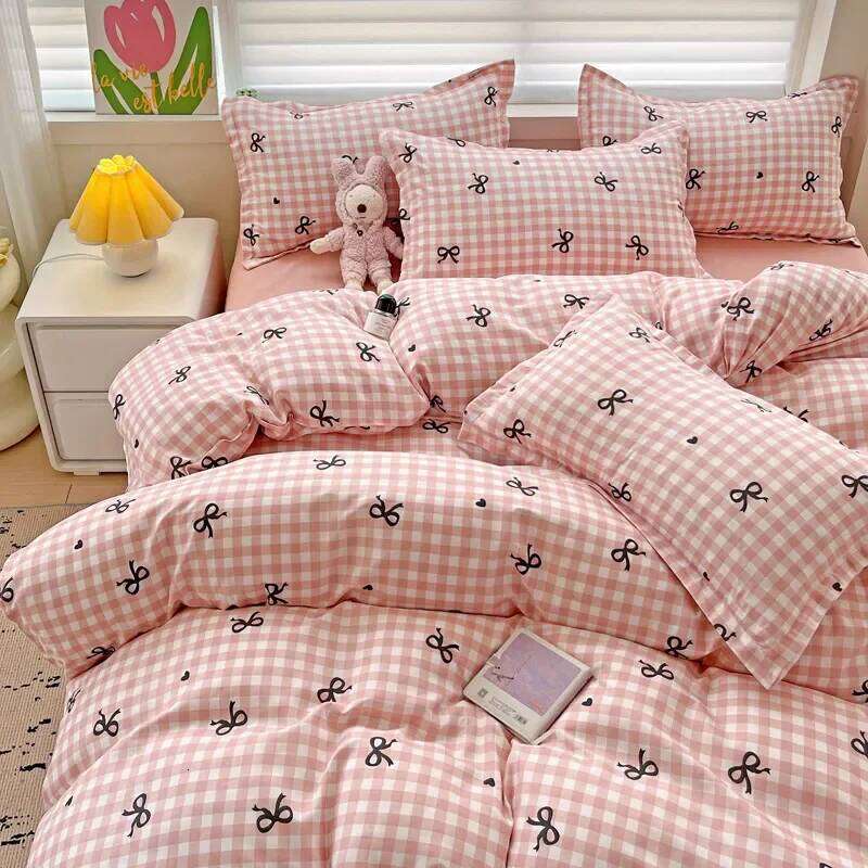 Green Nordic Bedding Set Ins Plaid Girls Boys Double Queen Size Duvet Cover Flat Sheet Pillowcase New No Filler Bed Linens H260311