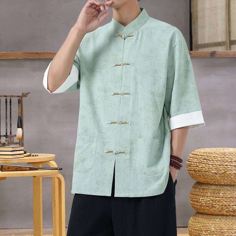 Men's Lightweight Mandarin Collar Printed Shirt Summer Chinese Style Oriental Design Casual Cultural Wear Top M-5Xl Asia Size