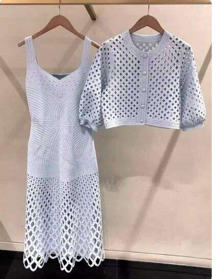New Women's Heavy Industry Diamond Decoration Hollow Knitted Cardigan Coat Strap Dress Set Mdng260311