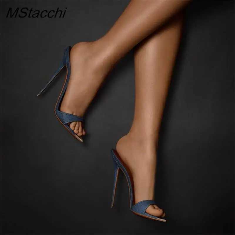 Denim Women Metal Decoration Pointed Toe Mules Shoes Women Super-high Heel Gladiator Sandals Sexy Womens Shoes K260311
