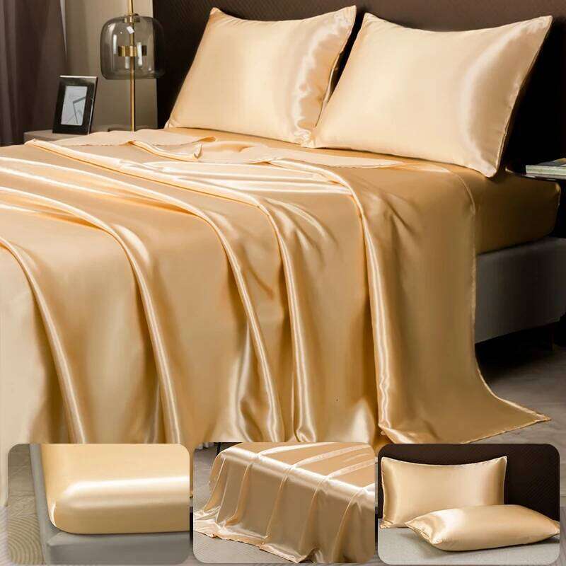 Opulent Solid Color Satin Bedding Set,Includes Flat Fitted Sheet, Pillowcases, Linens for a Royal Sleep Experience H260311