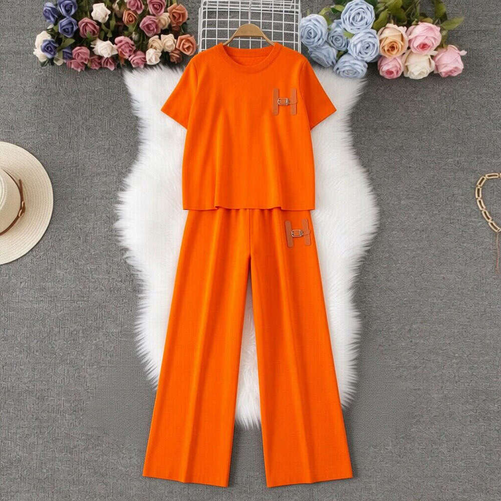 Women's new Korean version loose letter embroidered knitted T-shirt top+high waist slimming wide leg pants two-piece set