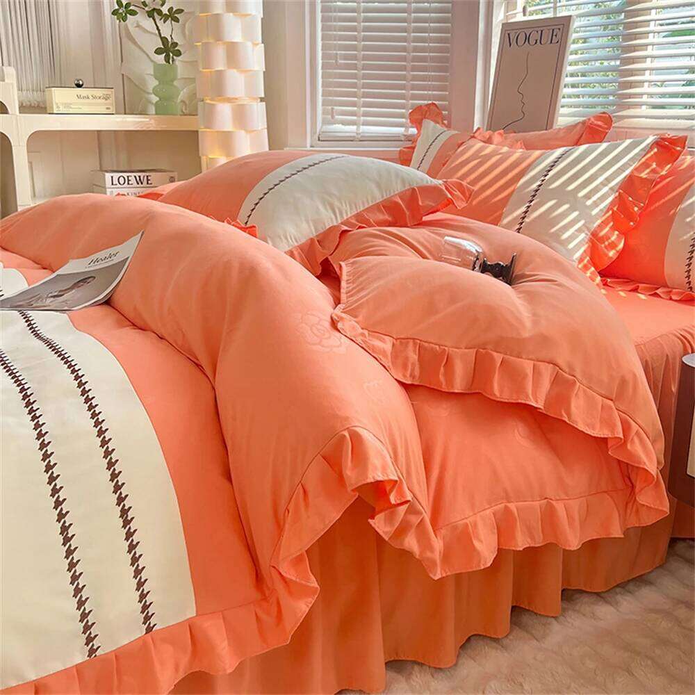 Skin Friendly Bedding Ruffle Duvet Four Piece Set With Lace Quilt Cover Bed Skirt Pillowcase Home Bedroom Decor H260311