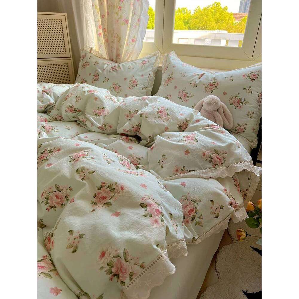 Washed Cotton Duvet Cover Sets Single/Queen/king Flower Printed Bedding Set Princess Style e housse de couette 220x240 with Lace H260311