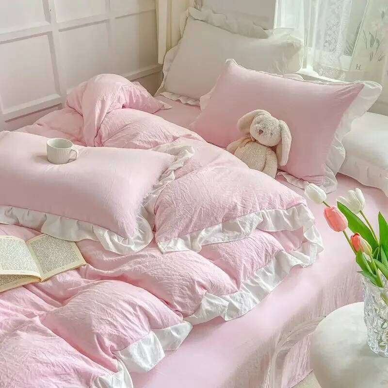 Pink feng shui, cotton side quilt cover, four-piece bed sheet, dormitory bed, three-piece set, princess style H260311
