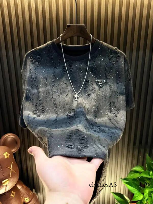 Men's Faionable adient Hole T-irt ort round Ne f Sve Summer Lightweight Polyester Cotton Blend Tee