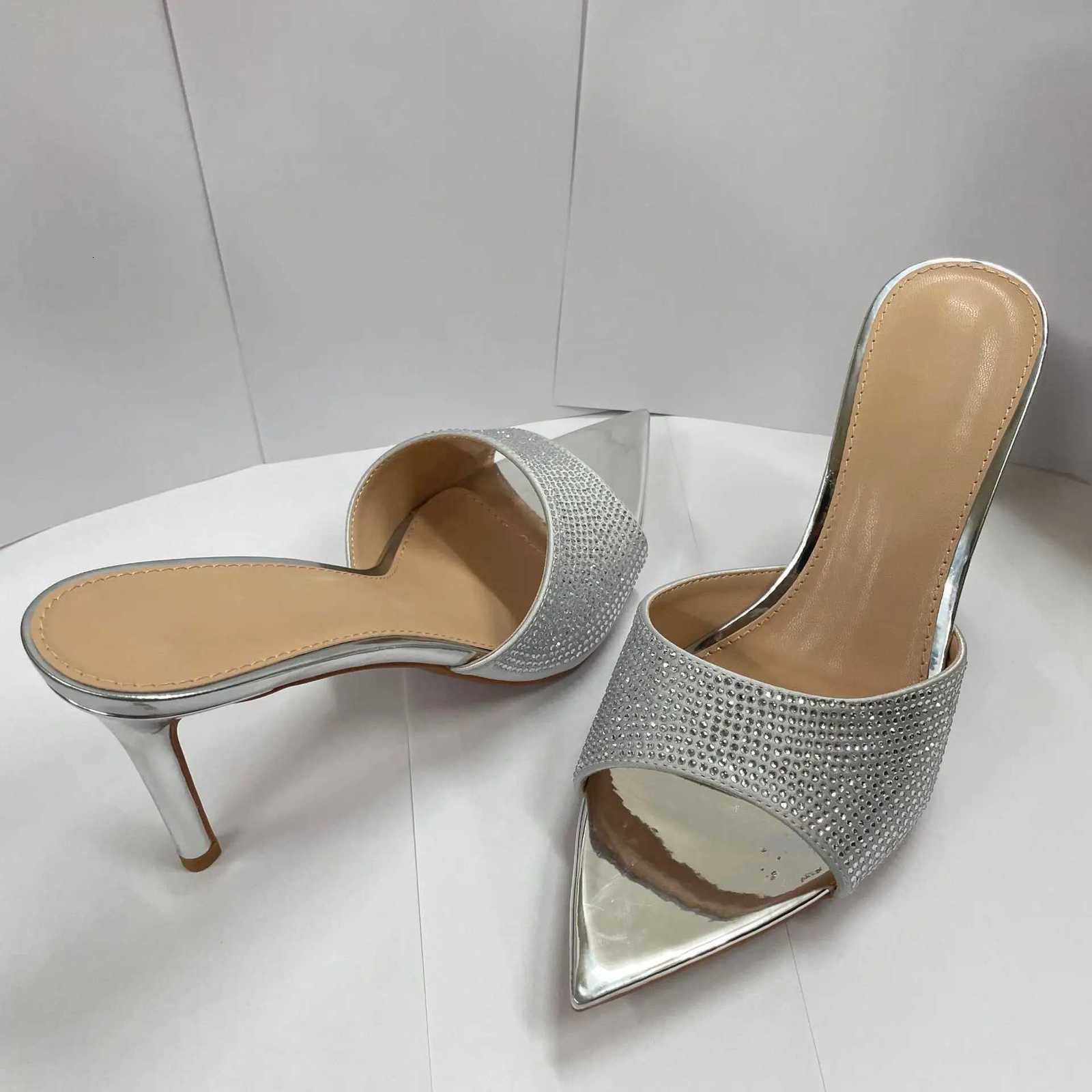 Womens Rhinestone Mules Pointed Toe Stiletto Heel Sparkly Slip On Sandals Elegant Evening Party Shoes Shiny Metallic Finish K260311