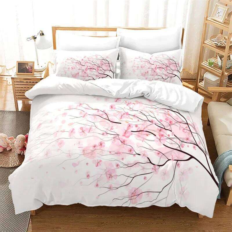 Ink Painting Duvet Japanese Style Mount Fuji Comforter Cover Red Cherry Blossoms Print Bedding Set For Adults Teens Girls H260311
