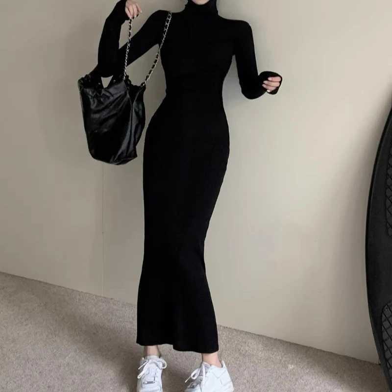 Sexy Black Turtleneck Knitted Bodycon Dress Women Long Sleeve Sweater Dress Woman Korean Bottoming Long Dresses Office Lady M260311