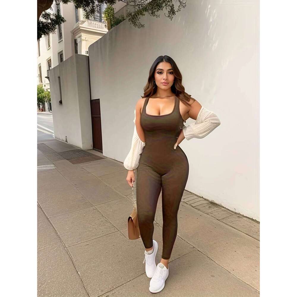 Women Workout Seamless Jumpsuit Yoga Ribbed Bodycon One Piece Square Neck Leggings Romper 26H0310