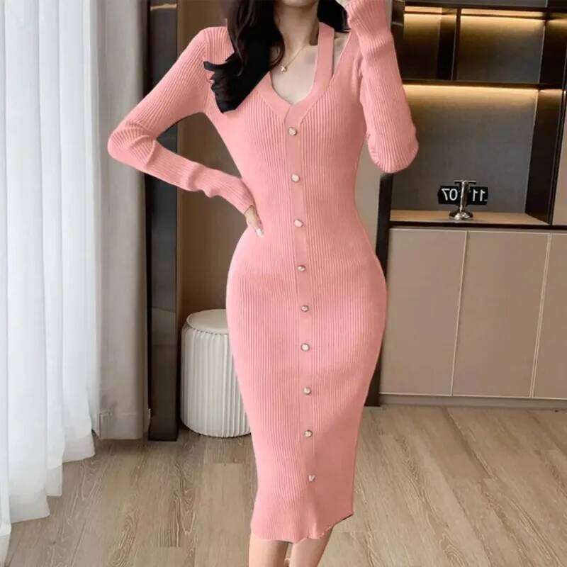 Women's Autumn Winter Hip-hugging V-neck Knitted Dress Slim-fitting Mid-length Bottoming Skirt with Coat Z260311