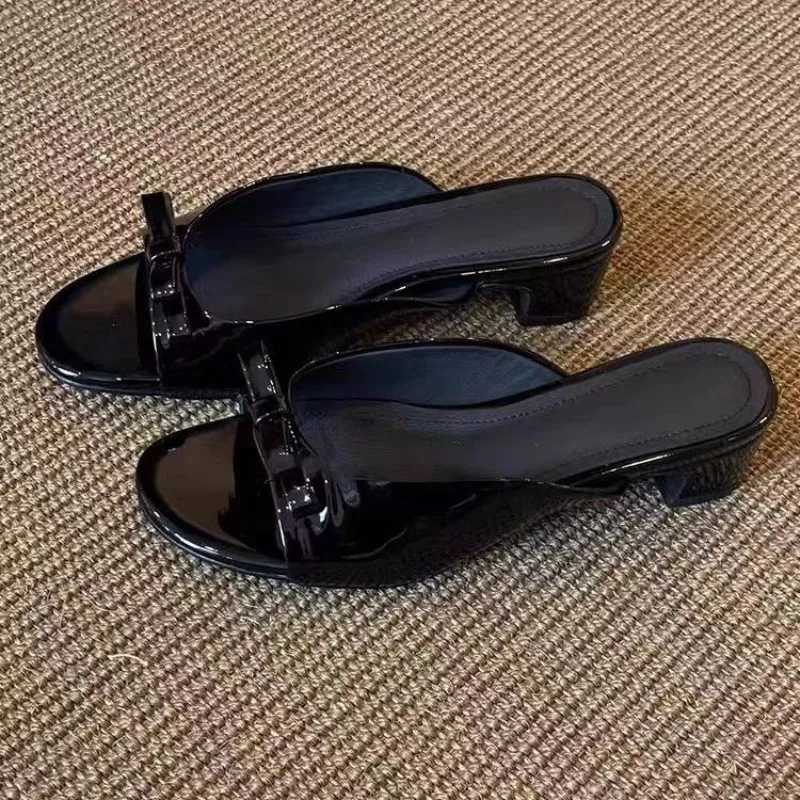Womens Summer Patent Leather Butterfly-knot Slippers Street Style Square Toe Dress Shoes Outdoor Ladies Thick Heel Slides K260311