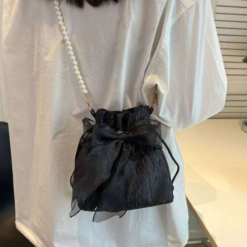 Chic Bowknot Canvas Crossbody Bag with Faux Pearl Chain - Versatile & Stylish Bucket Shoulder Purse for Women XJ260311