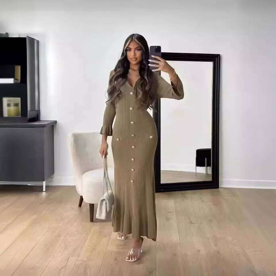 Elegant Knitted Fashion V-neck Sleeves Slim Buttons Solid Color Long Dress Spring Autumn Commuting Women Clothing Z260311