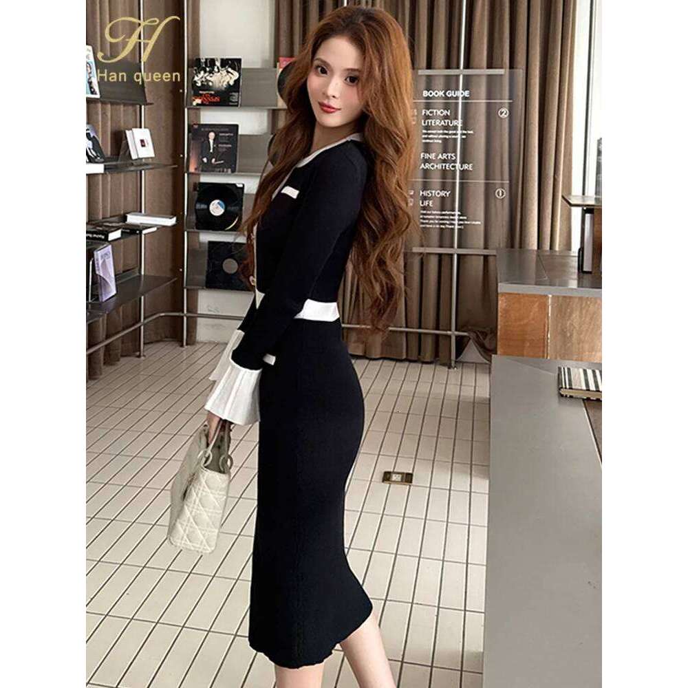 Women Winter Flared sleeves Elasticity Casual Party Pencil Dresses Single breasted Sweater Bodycon Knitted Dress Z260311