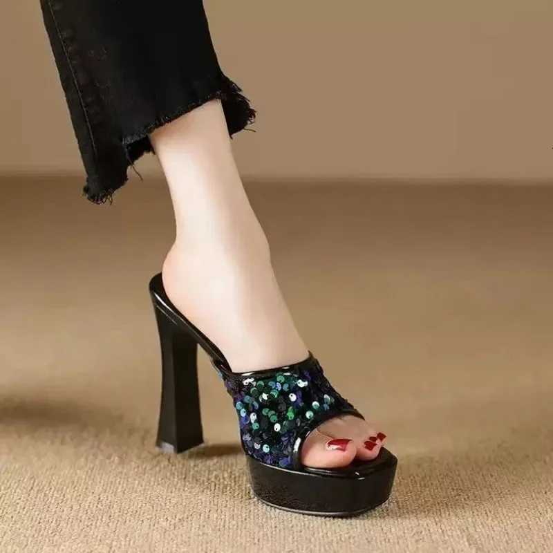 Black Thick Sole Slippers Women 11cm Thin High Heels Bling Sequined Transparent Crystal Platform Sandals 2024 Summer Woman Shoes K260311