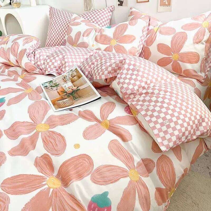 Kawaii Bedding Set Kids Adult Flat Sheet Duvet Cover Pillowcase Single Double Full Size Bed Linen Floral Cherry Home Textile H260311
