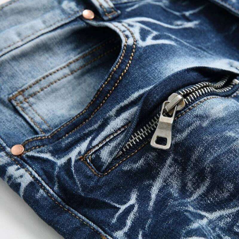Zipper Pocket Retro Nostalgic Jeans Men's New Style High Street Motorcycle Fashion Stretch Slim Straight Denim Trousers Male Z260225