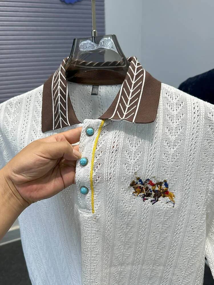 Design Brand Luxury Polo Shirt Hollow Jacquard Horse Embroidery Knitted Short Sleeve T-Shirt Summer Fashion Men's Clothing