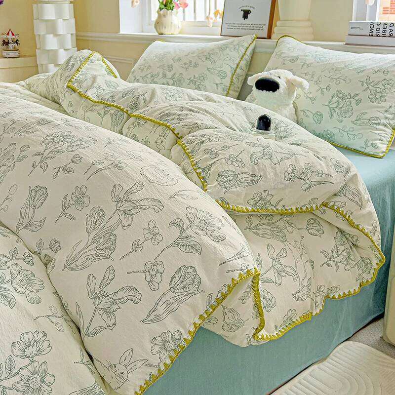 Flower Printed Duvet Sets Queen/King Bedding with Shell Edge Washed Cotton dekbedovertrek 240x220 Bed Cover Set H260311