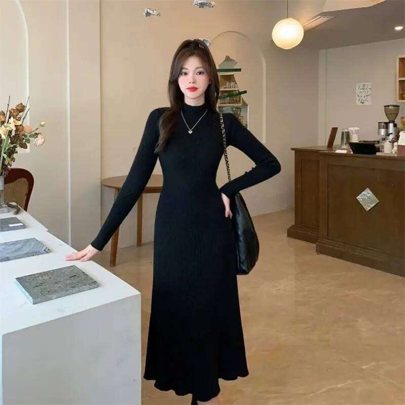 Autumn Winter Thickened Bottoming Knitted Dress Slimming Above the Knee Matching Coat Half-turtleneck Sweater Skirt Z260311