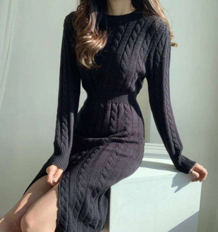 French Long Sleeve Sweater Knee Length Dress High Fork Style Thickened Paired With Knitted Dresses Women Autumn Winter Season Z260311